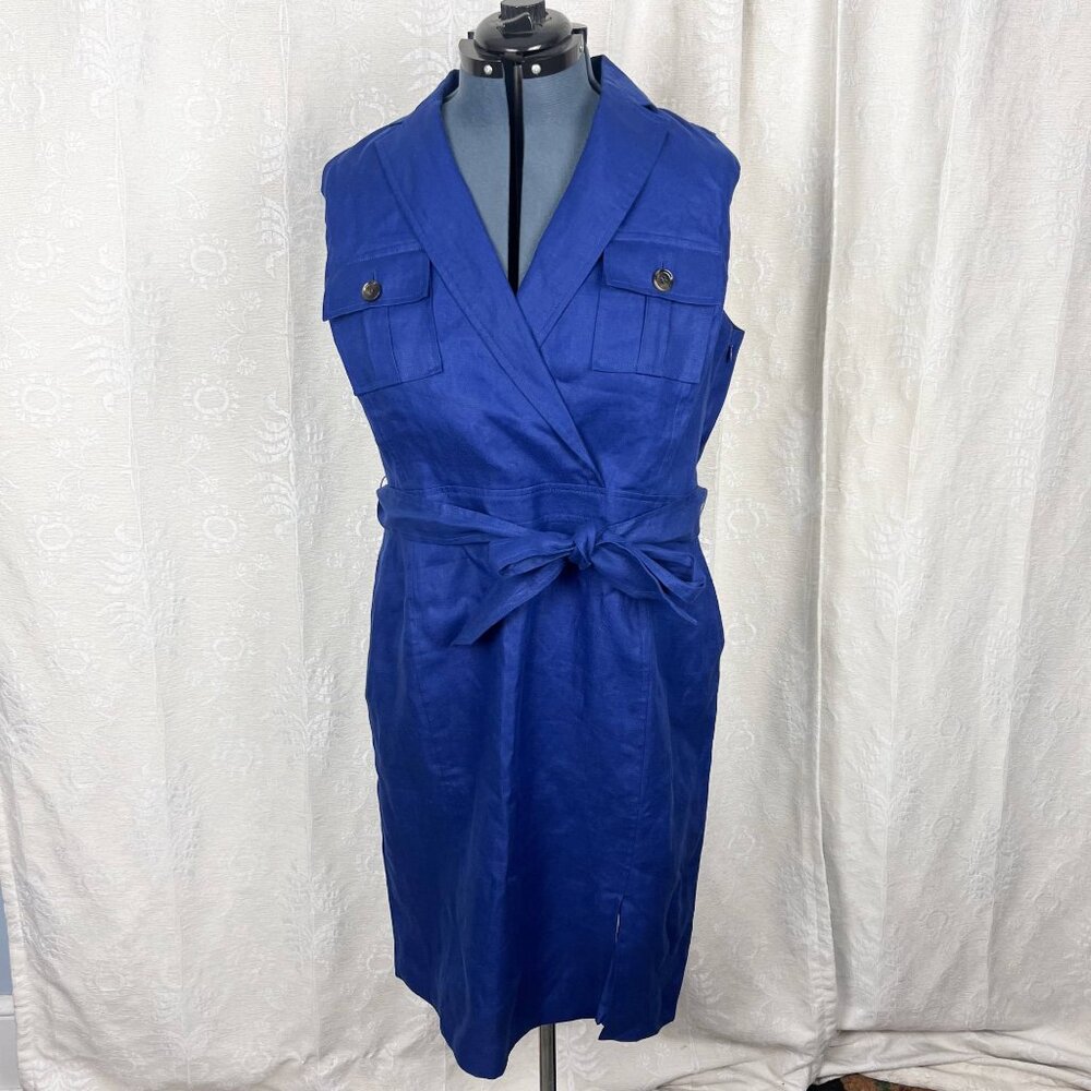Luxe Irish Linen Dress Baird McNutt x Talbots bright navy blue A-line belted - Picture 2 of 8